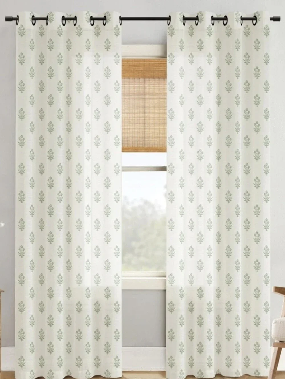 Cream Curtain Panels with Sage Leaf Print